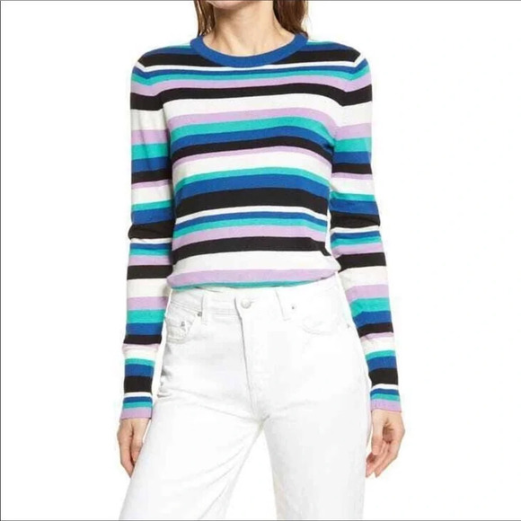 Halogen Freya Striped Crewneck Sweater XS Blue White Purple Button Long Sleeve - Picture 1 of 6